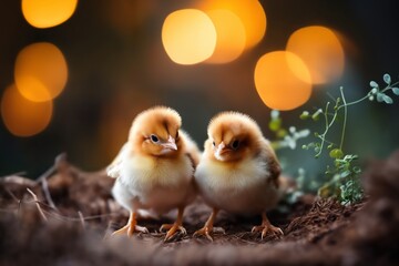 Portrait of small baby chickens in a forest, on a ranch in the village, rural surroundings on the background of spring nature