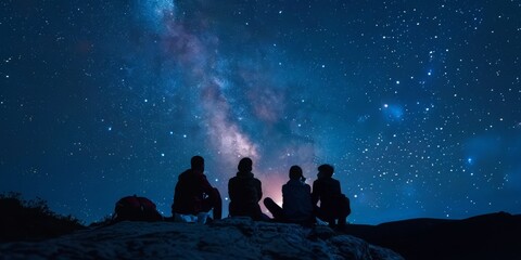 A group of people are sitting on a rock and looking up at the stars - Powered by Adobe