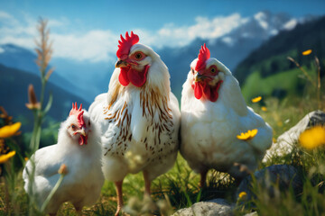 Fototapeta premium Portrait of chickens on a green grass meadow in mountains, bright sunny day, on a ranch in the village, rural surroundings on the background of spring nature