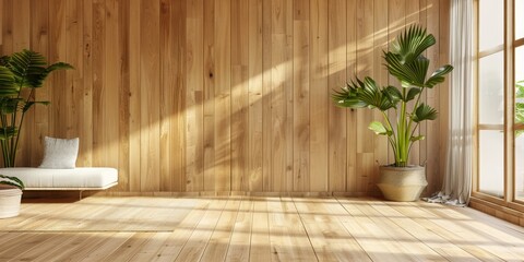 A large room with a wooden wall and a white couch