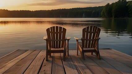 Two wooden chairs on a wood pier overlooking a lake at sunset Generative Ai