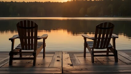 Two wooden chairs on a wood pier overlooking a lake at sunset Generative Ai