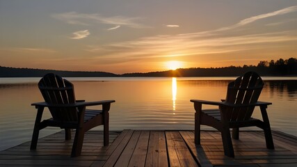 Fototapeta na wymiar Two wooden chairs on a wood pier overlooking a lake at sunset Generative Ai