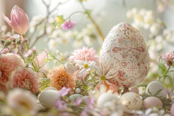 A festive beautifully decorated Easter egg surrounded by fresh flowers and decorations, wallpaper background
