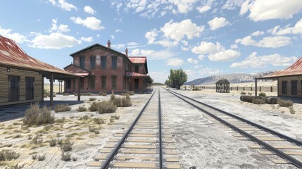 Fototapeta na wymiar Desolate Wild West Landscape with Train Tracks and Old Saloon Building