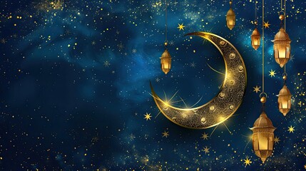 Obraz na płótnie Canvas Magical Night Sky and Crescent Moon with Eid al-Fitr Lanterns