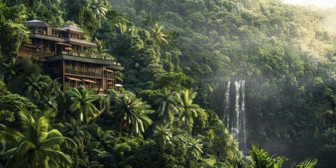 A house is built on top of a hill in a lush green forest