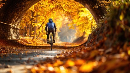 A cyclist pedaling through a tunnel of autumn leaves. 
