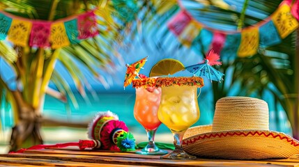 Tropical Beach Party Celebration with Colorful Decorations and Cocktails - obrazy, fototapety, plakaty