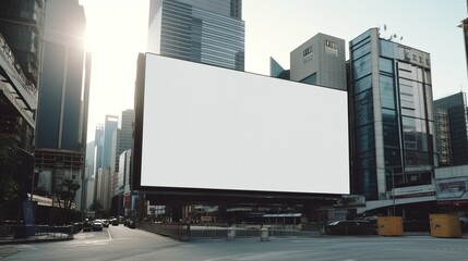 Obraz premium Blank billboard in the city for business advertisement on skyscrapers background.