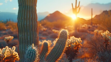 Serene Desert Sunset with Majestic Cacti - obrazy, fototapety, plakaty