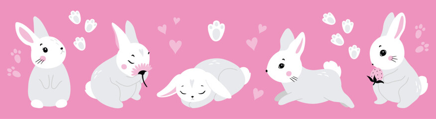 Cute white rabbit in various poses. Rabbit animal icon isolated on background. For Moon Festival, Chinese Lunar Year of the Rabbit, Easter decor. White Easter bunny, hare. Wild animals, baby animals