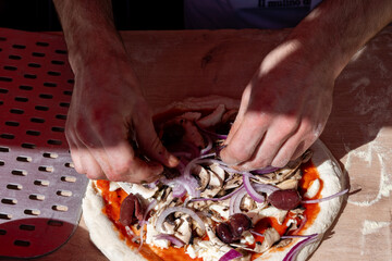 Making of fresh Italian pizza, street food, Portobello road food market on Saturday, London, UK - 785974543