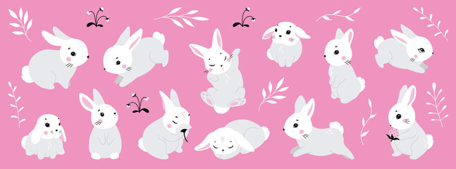 Cute white rabbit in various poses. Rabbit animal icon isolated on background. For Moon Festival, Chinese Lunar Year of the Rabbit, Easter decor. White Easter bunny, hare. Wild animals, baby animals
