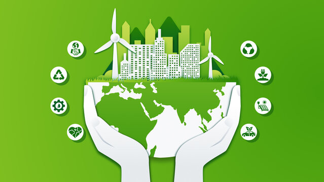 Earth Ecological Green city and icons with eco friendly concept