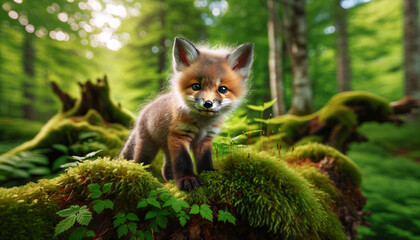 An adorable image of a young red fox kit exploring its environment. The kit is standing on a moss-covered tree root, with a curious