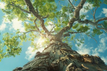 Big old tree with green leaves and sunbeams on blue sky background