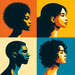 a vibrant pop art-style quadriptych, featuring the profiles of four different individuals. 