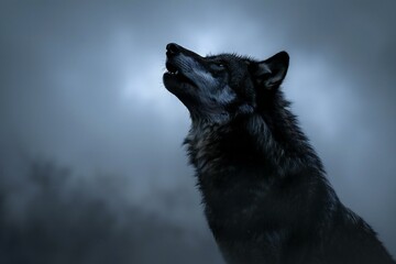 Black wolf in the dark with stormy sky,  illustration - obrazy, fototapety, plakaty