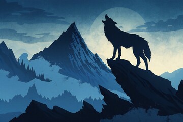 Wolf in the mountains,  Landscape with a wolf,  Vector illustration - obrazy, fototapety, plakaty