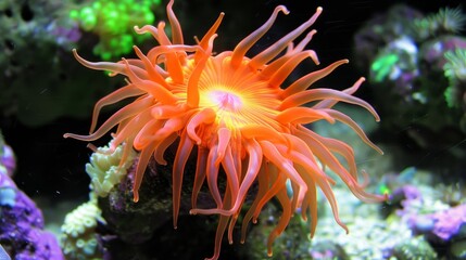 Naklejka na ściany i meble Colorful sea anemone thriving in a vibrant and diverse marine life rich coral reef ecosystem