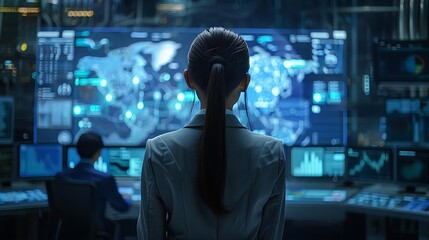 a futuristic command center with a woman in a business suit at the forefront, holding a tablet
