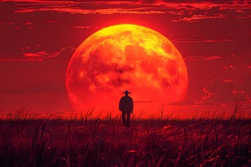 Naklejka premium Person Standing in Field With Sun in Background