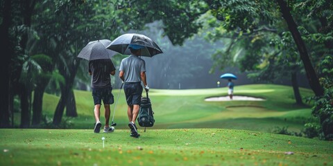 Two men walking on a golf course in the rain, one of them holding a golf bag