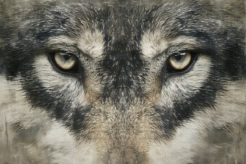 Close up of grey wolf head with big eyes,  Abstract background - obrazy, fototapety, plakaty