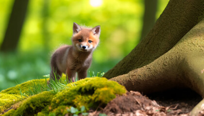 A curious young fox kit exploring its forest environment. The kit is standing on a mound of earth covered with vibrant green moss