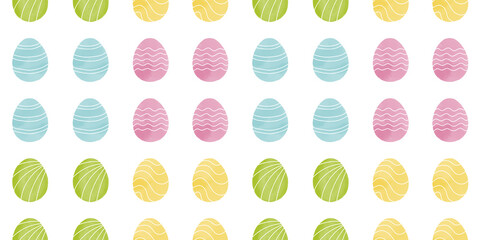 Cute illustration with colorful Easter eggs with watercolor texture, spring banner