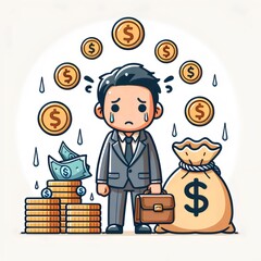 character that seems distressed or overwhelmed by financial matters. The character is surrounded by symbols associated with money, like coins, a bag of money, and stacks of bills