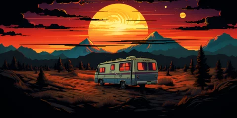 Foto op Canvas Illustration of an old van on the road, summer travel by a car theme © TatjanaMeininger