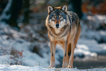 Naklejka na ściany i meble Grey wolf in winter forest, Animal in nature habitat, Wildlife scene