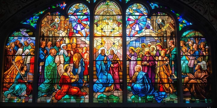 A stained glass window depicting the four gospels of the bible