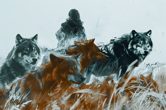 Digital painting of a group of wolves in the field,  Conceptual image