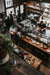 A bustling coffee shop with baristas busy behind the counter, serving up freshly brewed espresso drinks and gourmet sandwiches, Generative AI