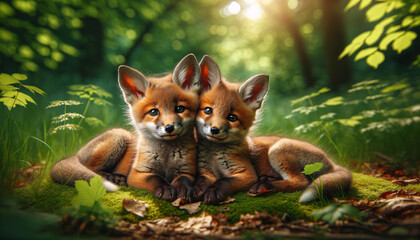 A heartwarming of two young fox siblings lying close together in a forest clearing. The foxes are nestled in a cozy spot surrounded by lush green moss