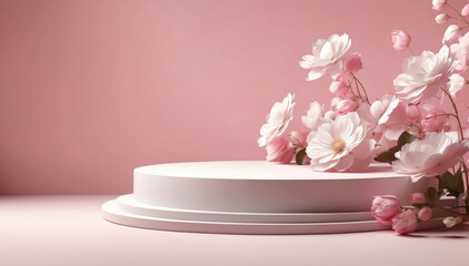 Obraz na płótnie Canvas Background podium 3D spring flower product beauty pink display nature. 3D podium stand background scene floral mockup cosmetic white blossom summer abstract shadow platform minimal design render stage