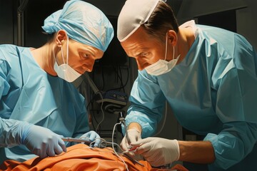 
Male, 44, Swedish anesthesiologist, preparing a patient for surgery in the preoperative area - obrazy, fototapety, plakaty