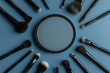 A collection of makeup brushes are arranged in a circle around a mirror - Powered by Adobe