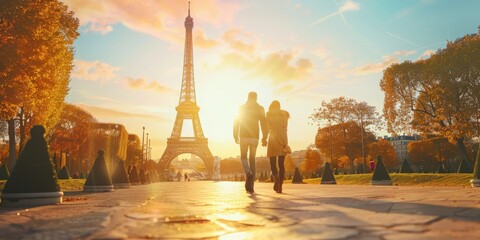A couple walking in front of the Eiffel Tower