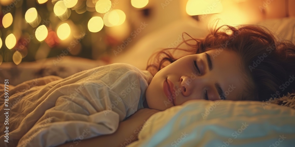 Poster A woman is sleeping on a bed with a white blanket