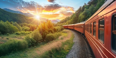 The train is surrounded by trees and the landscape is serene and peaceful