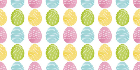 Cute illustration with colorful Easter eggs with watercolor texture, spring banner
