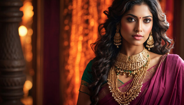 Beautiful Indian woman in traditional saree and jewelry