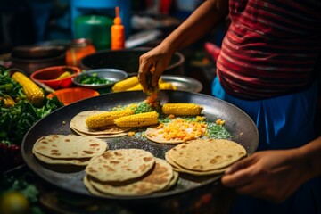 
Overhead shot of a person's hand flipping fresh corn tortillas on a hot comal, with a colorful Mexican market bustling in the background.