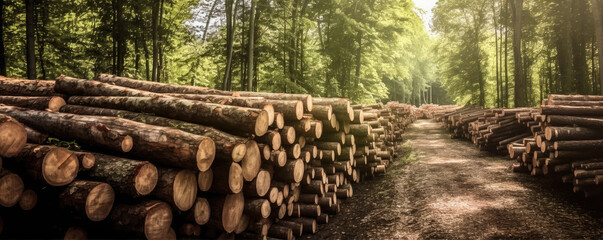 Forest pathway with piles of harvested wood logs