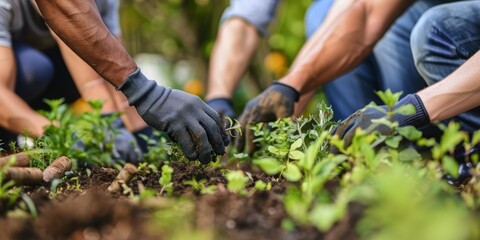 A group of people are planting a garden