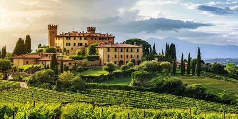 A beautiful vineyard with a large house in the background